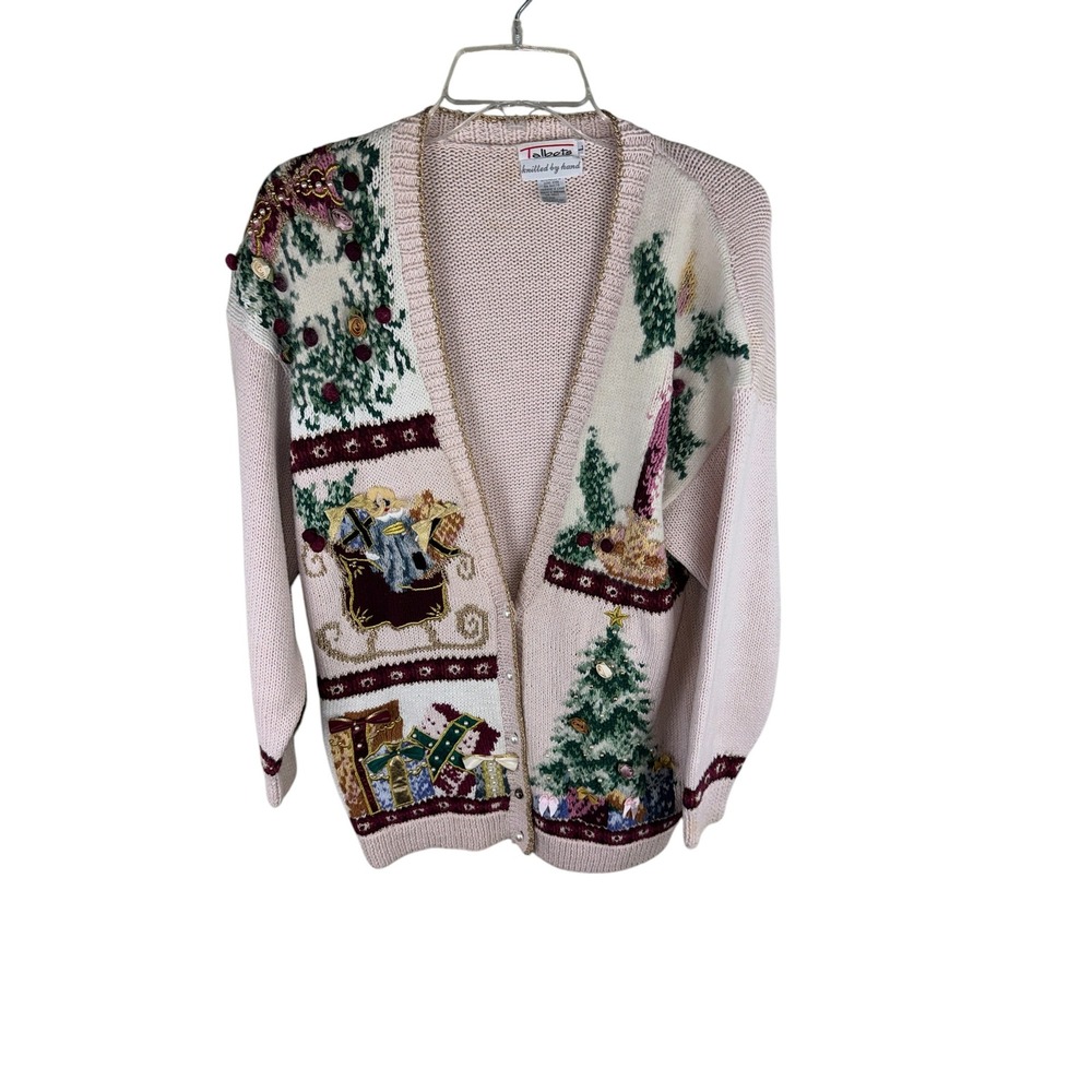 Talbots Vintage Christmas Cardigan Sweater Pink‎ Hand Knit Embroidered Pearls L